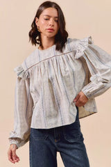 Beige Blue Floral Cotton Print Ruffled Long Sleeve Blouse, Blouses, $ 50.00, A Moment Of Now™