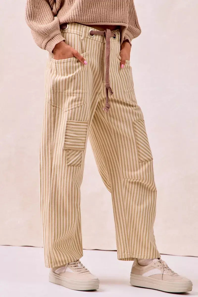Beige Brown Drawstring Striped Twill Barrel Pants | Casual, Pants, $ 69.00, A Moment Of Now™
