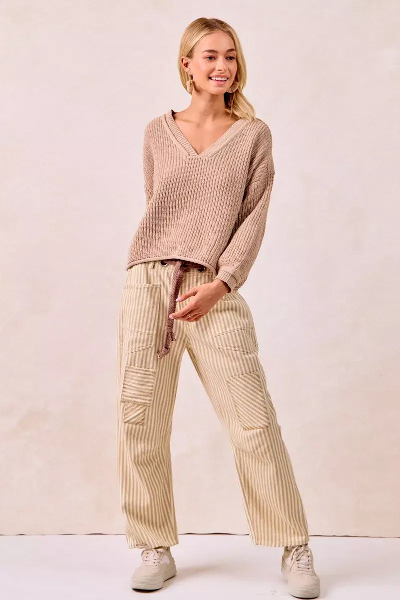 Beige Brown Drawstring Striped Twill Barrel Pants | Casual, Pants, $ 69.00, A Moment Of Now™