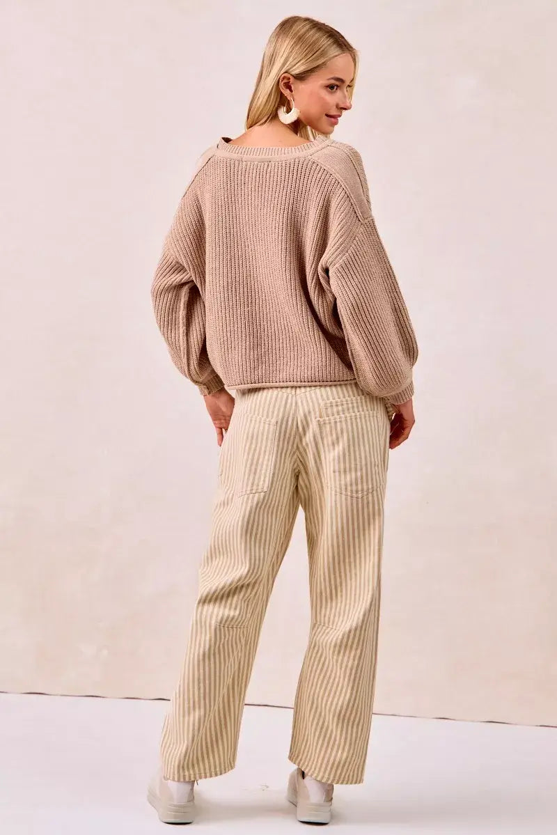 Beige Brown Drawstring Striped Twill Barrel Pants | Casual, Pants, $ 69.00, A Moment Of Now™