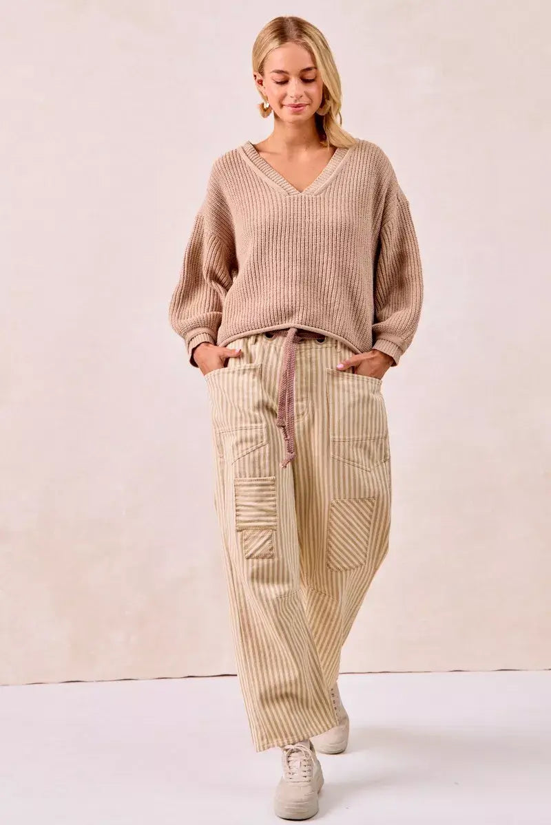 Beige Brown Drawstring Striped Twill Barrel Pants | Casual, Pants, $ 69.00, A Moment Of Now™