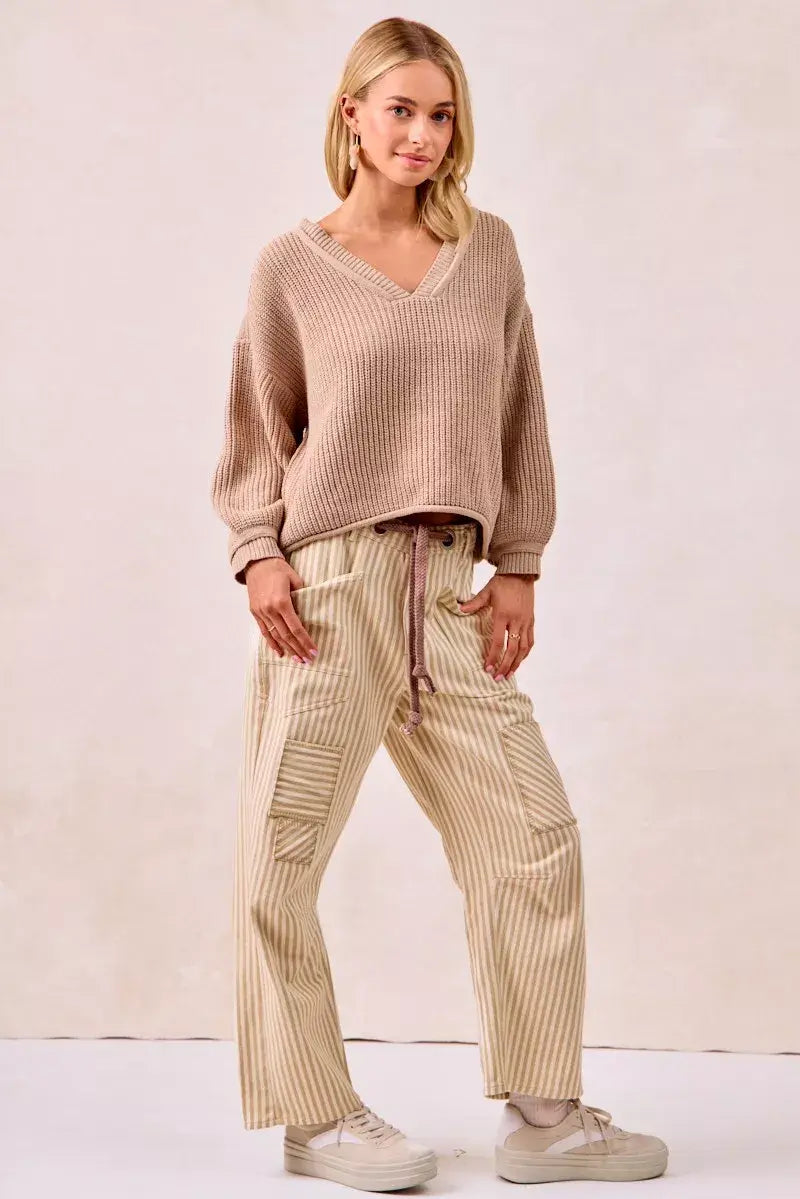 Beige Brown Drawstring Striped Twill Barrel Pants | Casual, Pants, $ 69.00, A Moment Of Now™
