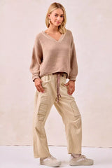Beige Brown Drawstring Striped Twill Barrel Pants | Casual, Pants, $ 69.00, A Moment Of Now™