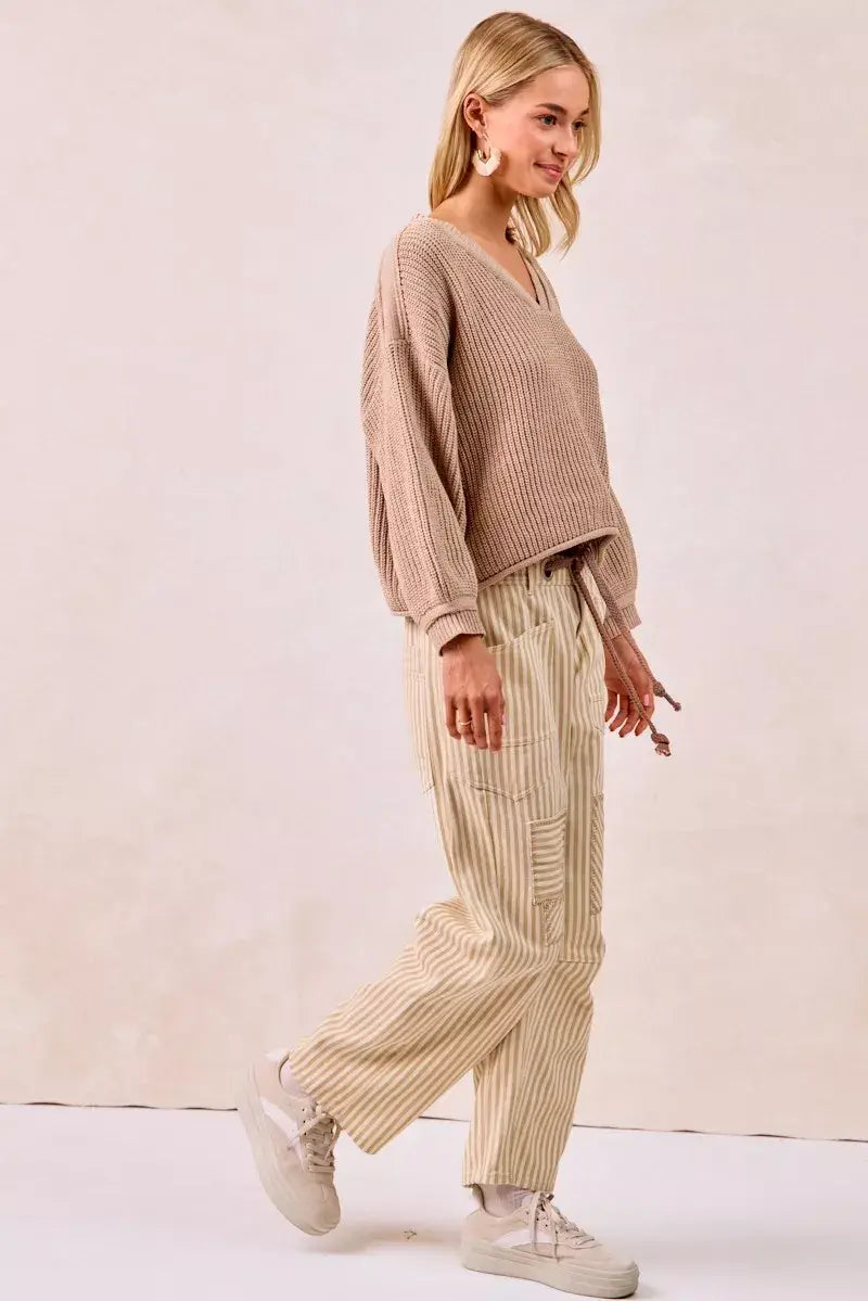 Beige Brown Drawstring Striped Twill Barrel Pants | Casual, Pants, $ 69.00, A Moment Of Now™
