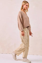 Beige Brown Drawstring Striped Twill Barrel Pants | Casual, Pants, $ 69.00, A Moment Of Now™
