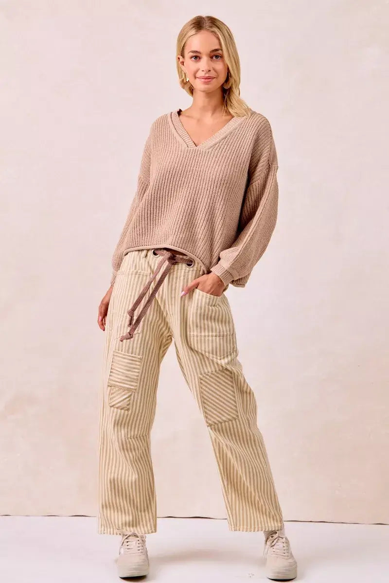 Beige Brown Drawstring Striped Twill Barrel Pants | Casual, Pants, $ 69.00, A Moment Of Now™