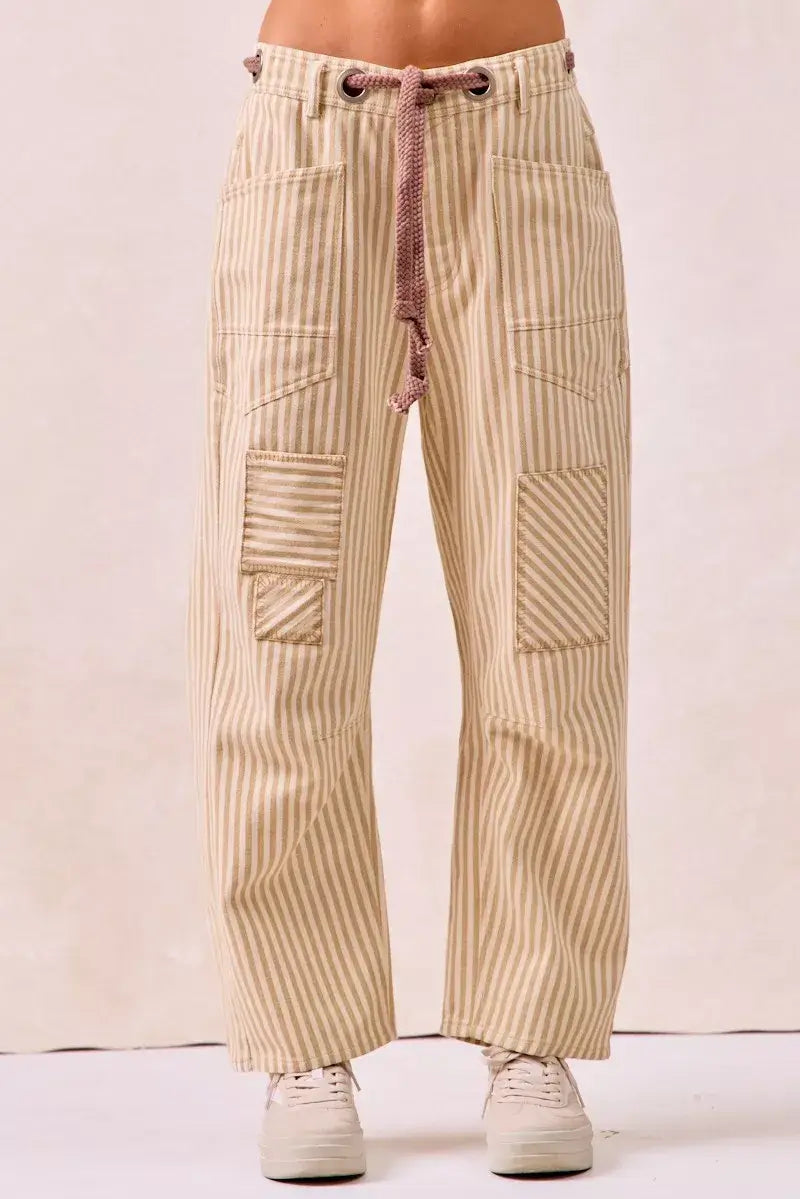 Beige Brown Drawstring Striped Twill Barrel Pants | Casual, Pants, $ 69.00, A Moment Of Now™