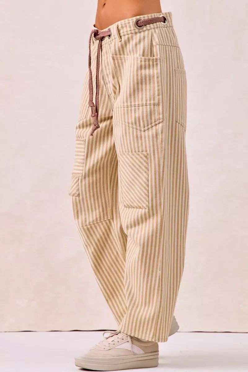 Beige Brown Drawstring Striped Twill Barrel Pants | Casual, Pants, $ 69.00, A Moment Of Now™