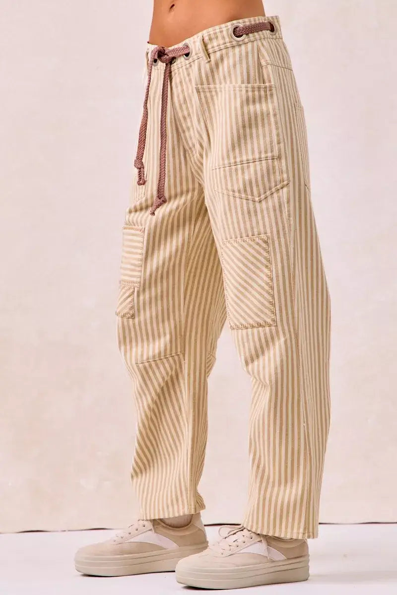 Beige Brown Drawstring Striped Twill Barrel Pants | Casual, Pants, $ 69.00, A Moment Of Now™