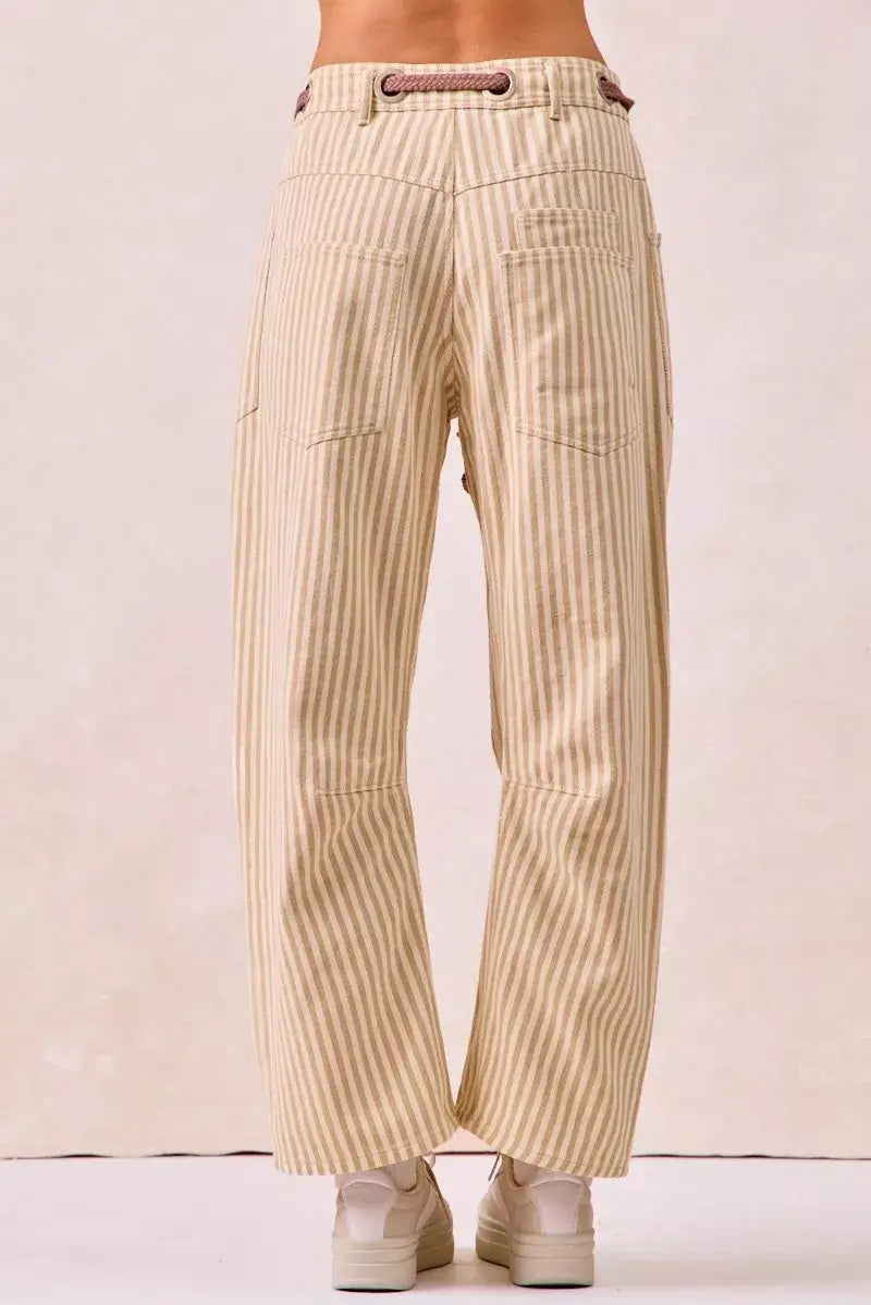 Beige Brown Drawstring Striped Twill Barrel Pants | Casual, Pants, $ 69.00, A Moment Of Now™