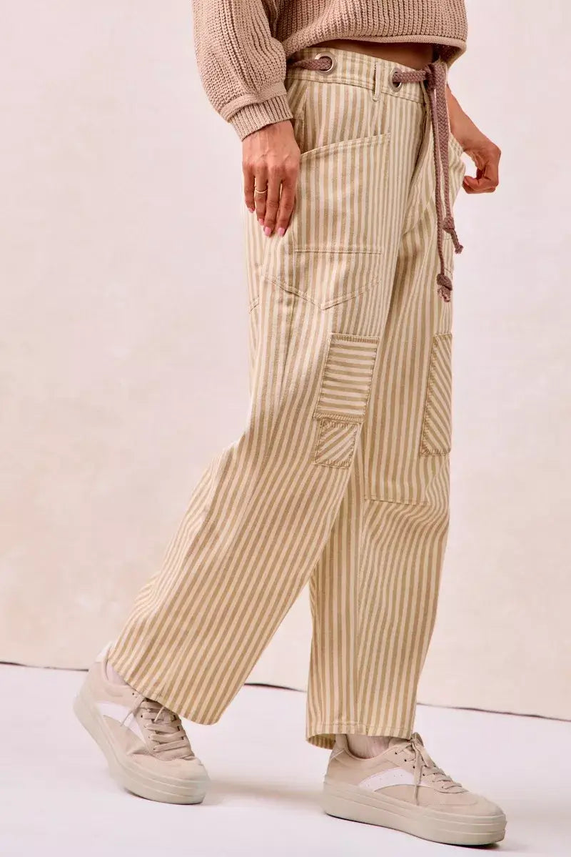 Beige Brown Drawstring Striped Twill Barrel Pants | Casual, Pants, $ 69.00, A Moment Of Now™