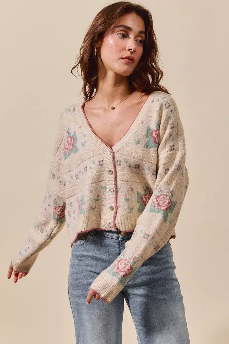 Beige Floral Pattern Long Sleeve Button Sweater Cardigan - Chic Style, Sweaters, $ 58.00, A Moment Of Now™