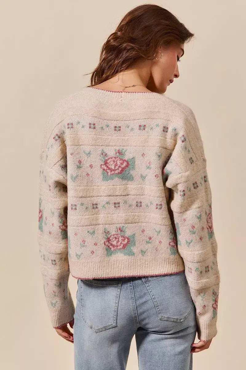 Beige Floral Pattern Long Sleeve Button Sweater Cardigan - Chic Style, Sweaters, $ 58.00, A Moment Of Now™