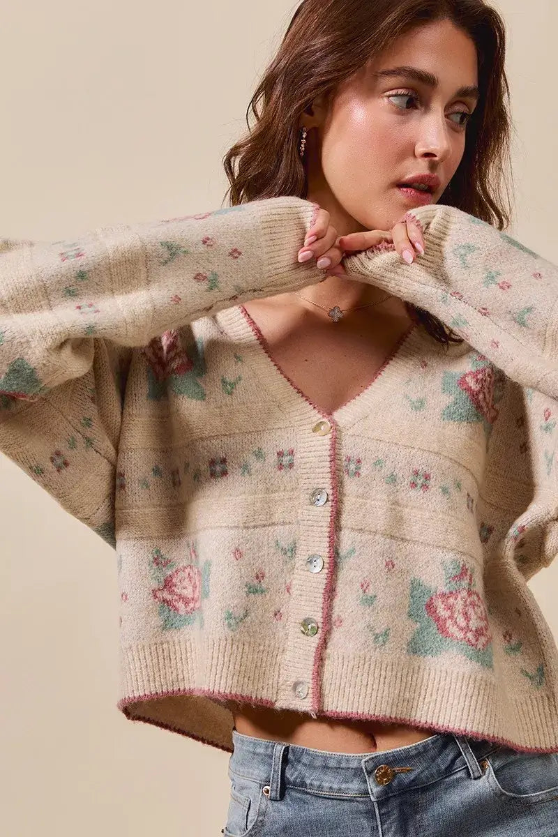 Beige Floral Pattern Long Sleeve Button Sweater Cardigan - Chic Style, Sweaters, $ 58.00, A Moment Of Now™