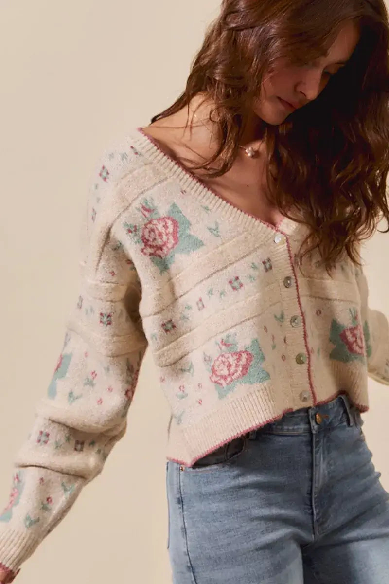 Beige Floral Pattern Long Sleeve Button Sweater Cardigan - Chic Style, Sweaters, $ 58.00, A Moment Of Now™