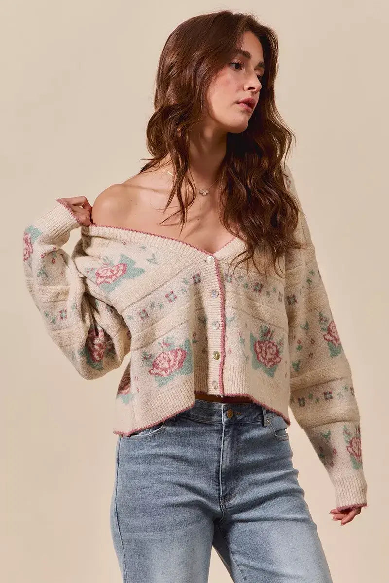 Beige Floral Pattern Long Sleeve Button Sweater Cardigan - Chic Style, Sweaters, $ 58.00, A Moment Of Now™