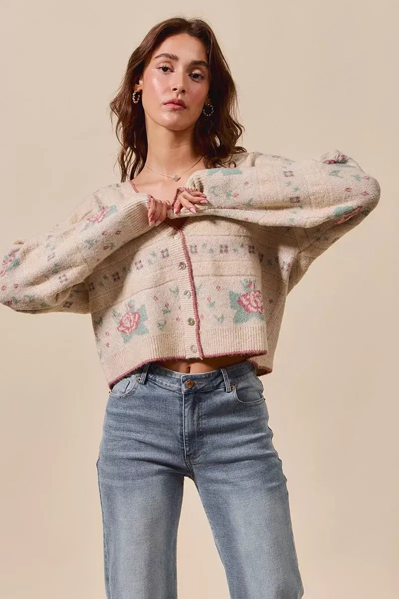 Beige Floral Pattern Long Sleeve Button Sweater Cardigan - Chic Style, Sweaters, $ 58.00, A Moment Of Now™