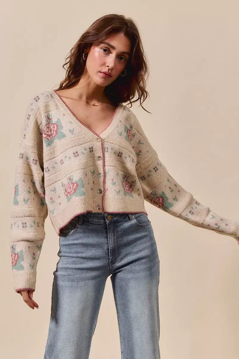 Beige Floral Pattern Long Sleeve Button Sweater Cardigan - Chic Style, Sweaters, $ 58.00, A Moment Of Now™
