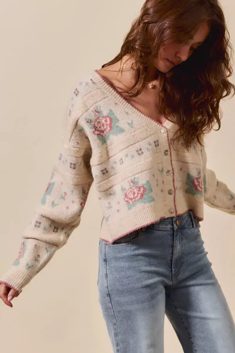 Beige Floral Pattern Long Sleeve Button Sweater Cardigan - Chic Style, Sweaters, $ 58.00, A Moment Of Now™