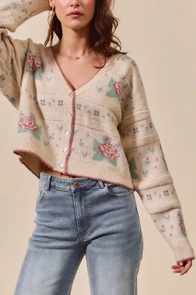 Beige Floral Pattern Long Sleeve Button Sweater Cardigan - Chic Style, Sweaters, $ 58.00, A Moment Of Now™