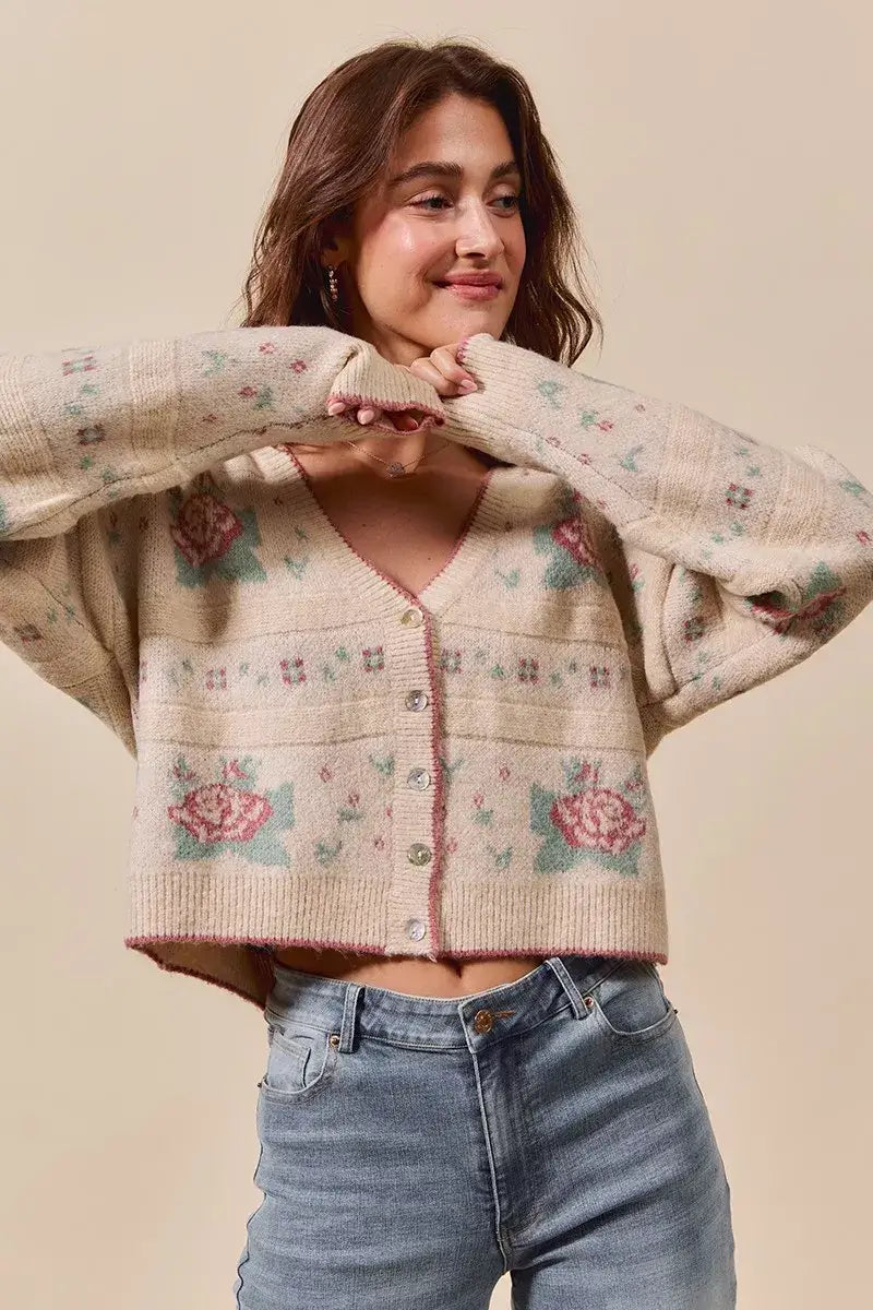 Beige Floral Pattern Long Sleeve Button Sweater Cardigan - Chic Style, Sweaters, $ 58.00, A Moment Of Now™