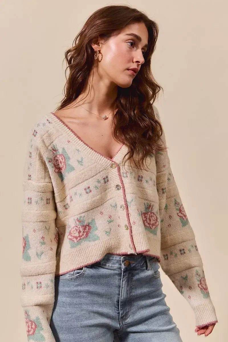 Beige Floral Pattern Long Sleeve Button Sweater Cardigan - Chic Style, Sweaters, $ 58.00, A Moment Of Now™