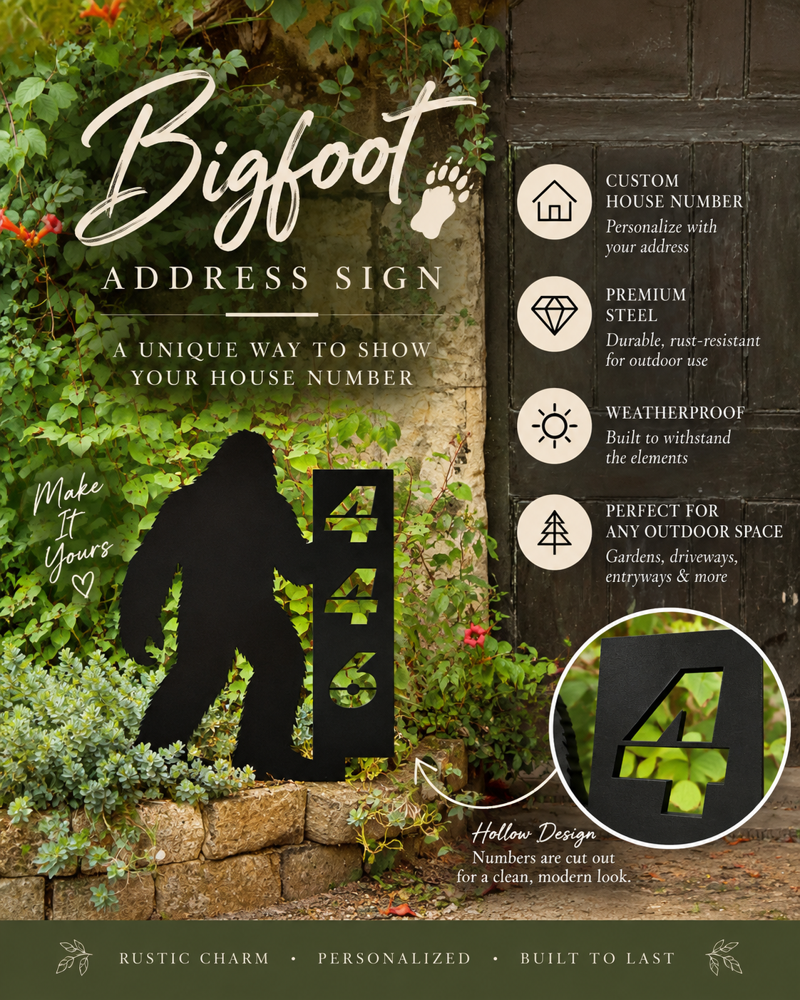 Custom Bigfoot House Number Package Check In Photo Vertical Sign