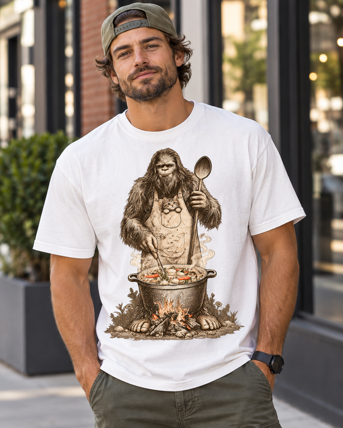 Bigfoot Soup Season T-Shirt – Campfire Cooking & Cat Graphic Tee