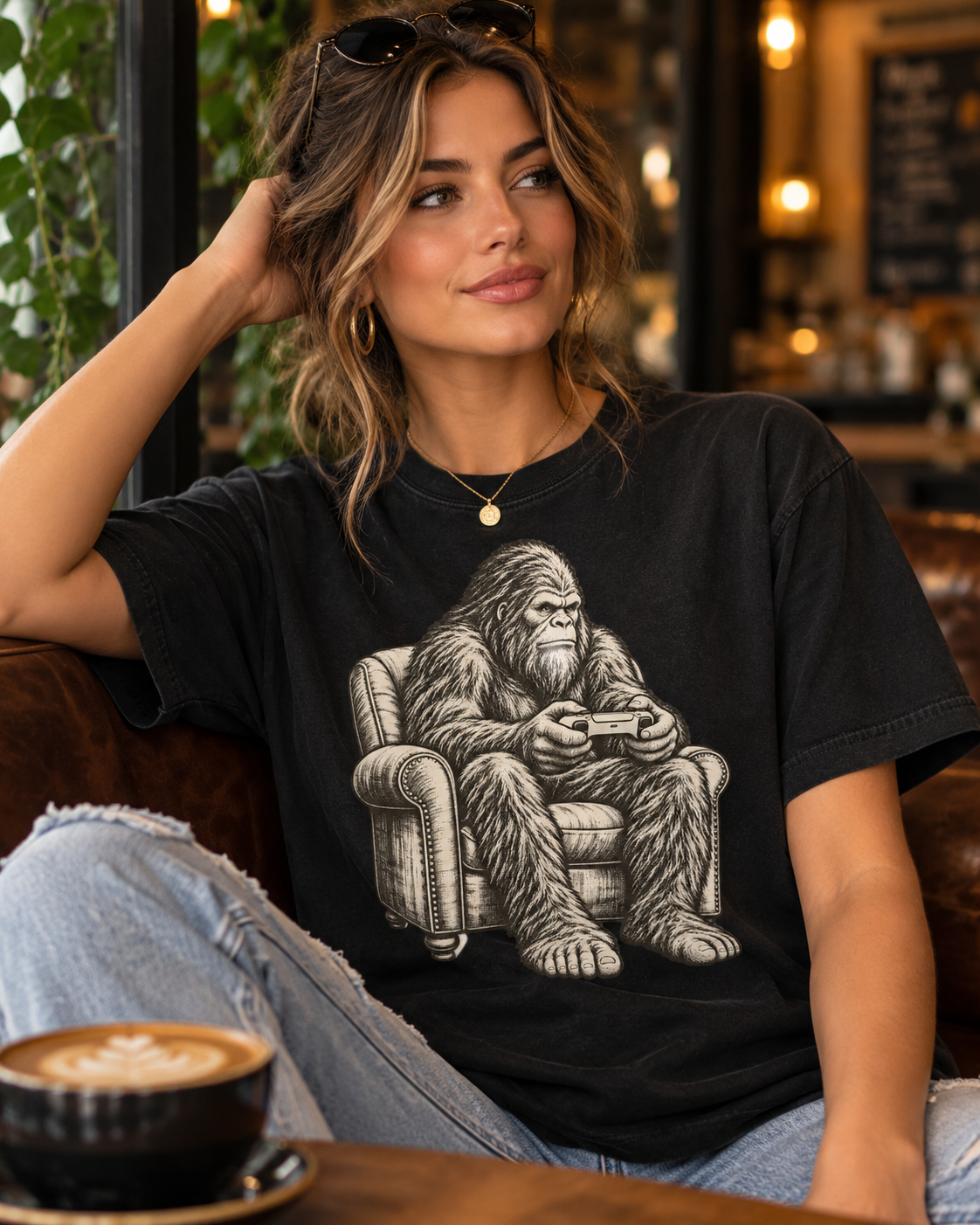 Casual Bigfoot Gamer homebody graphic T-shirt shown in a styled product image
