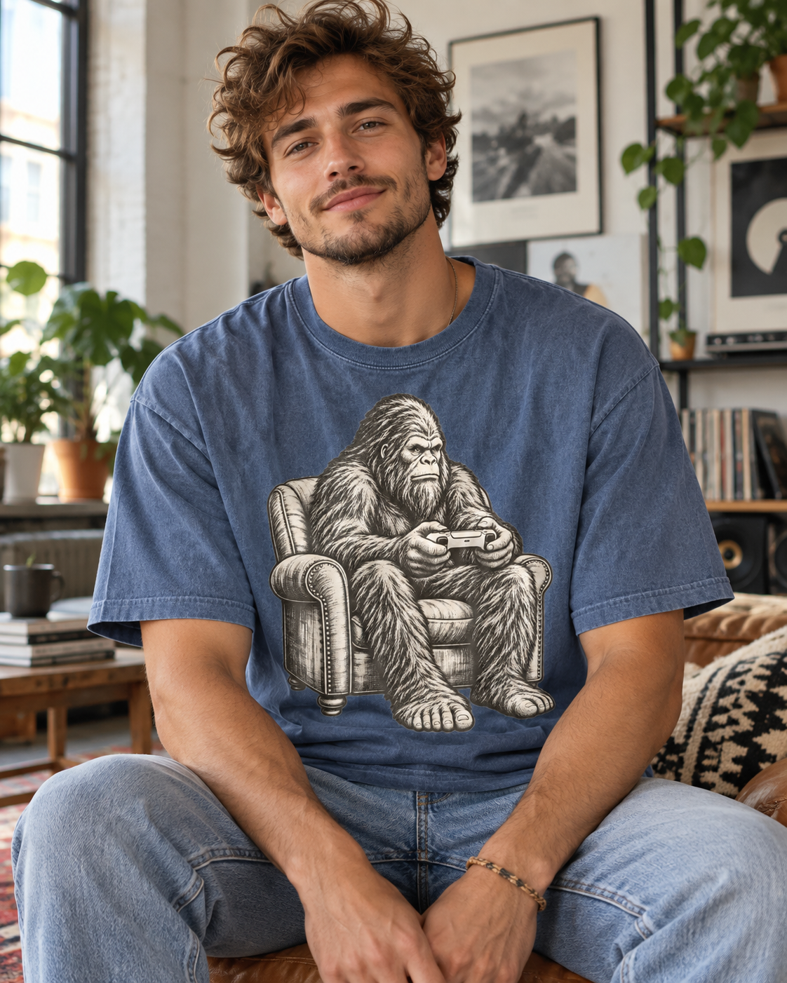 Vintage-inspired Sasquatch gamer artwork on a relaxed graphic tee