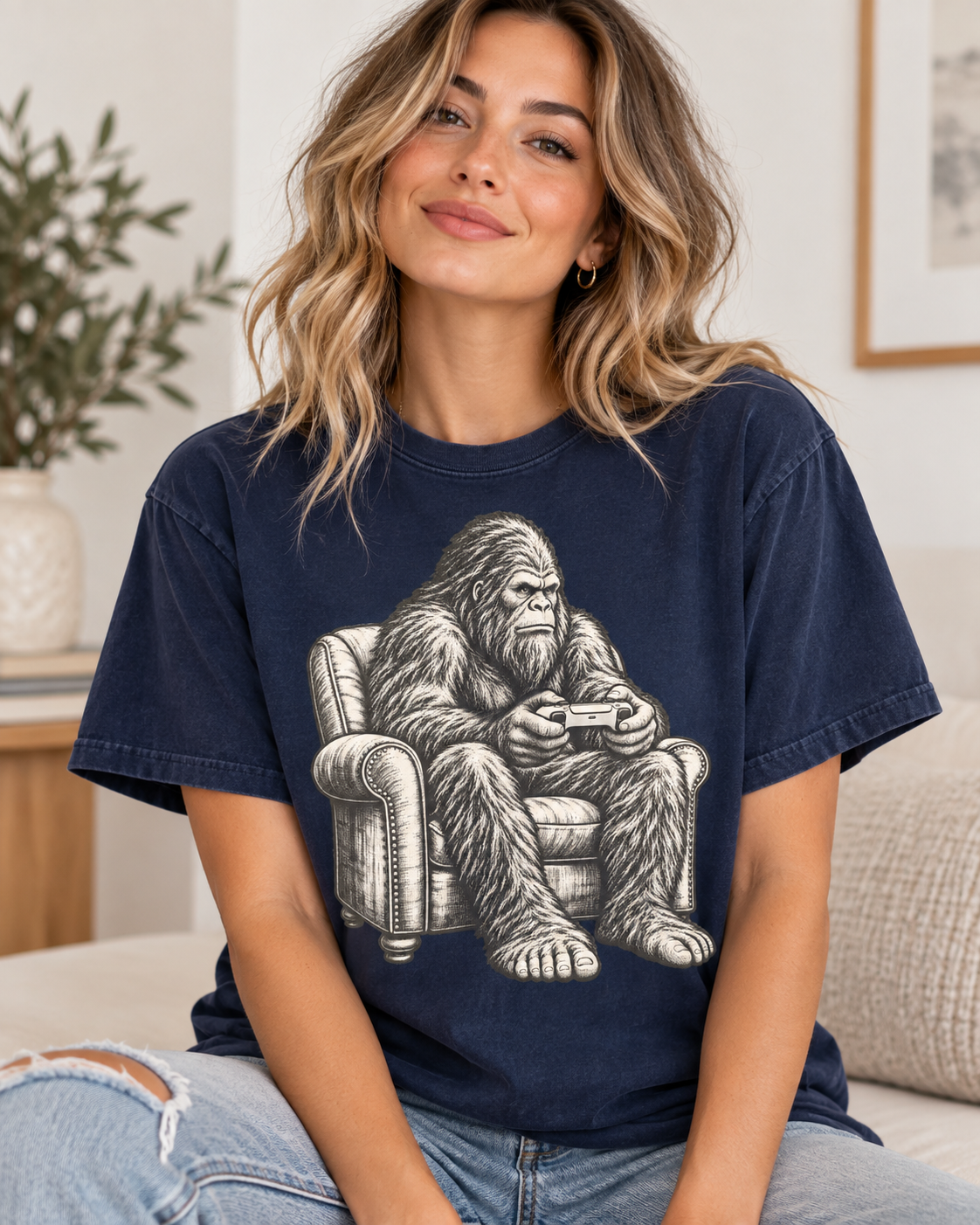Garment-dyed tee printed with a Bigfoot gaming illustration
