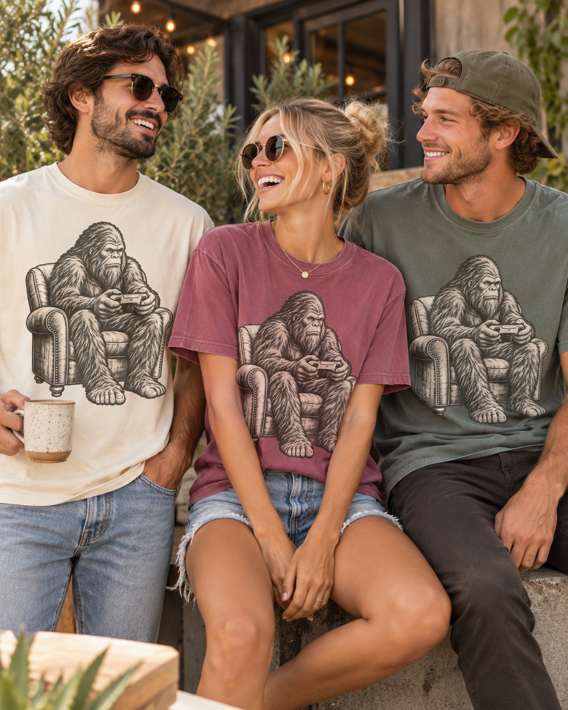 Graphic T-shirt featuring Bigfoot playing video games