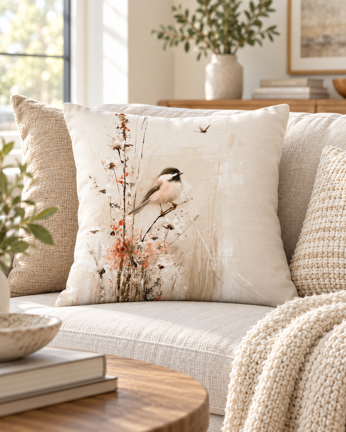 Chickadee & Wildflowers Premium Throw Pillow | Neutral Botanical Bird Decor