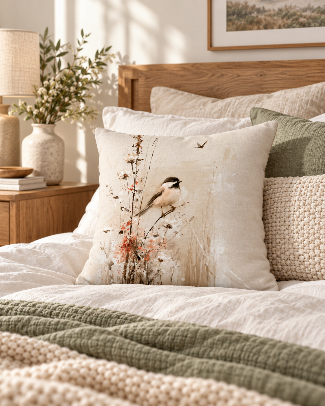 Chickadee & Wildflowers Premium Throw Pillow | Neutral Botanical Bird Decor