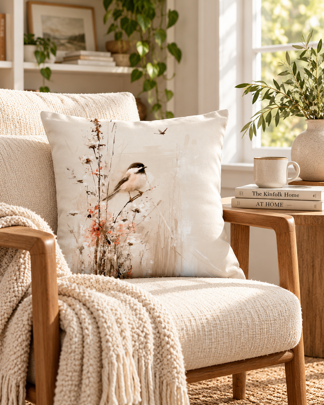 Chickadee & Wildflowers Premium Throw Pillow | Neutral Botanical Bird Decor