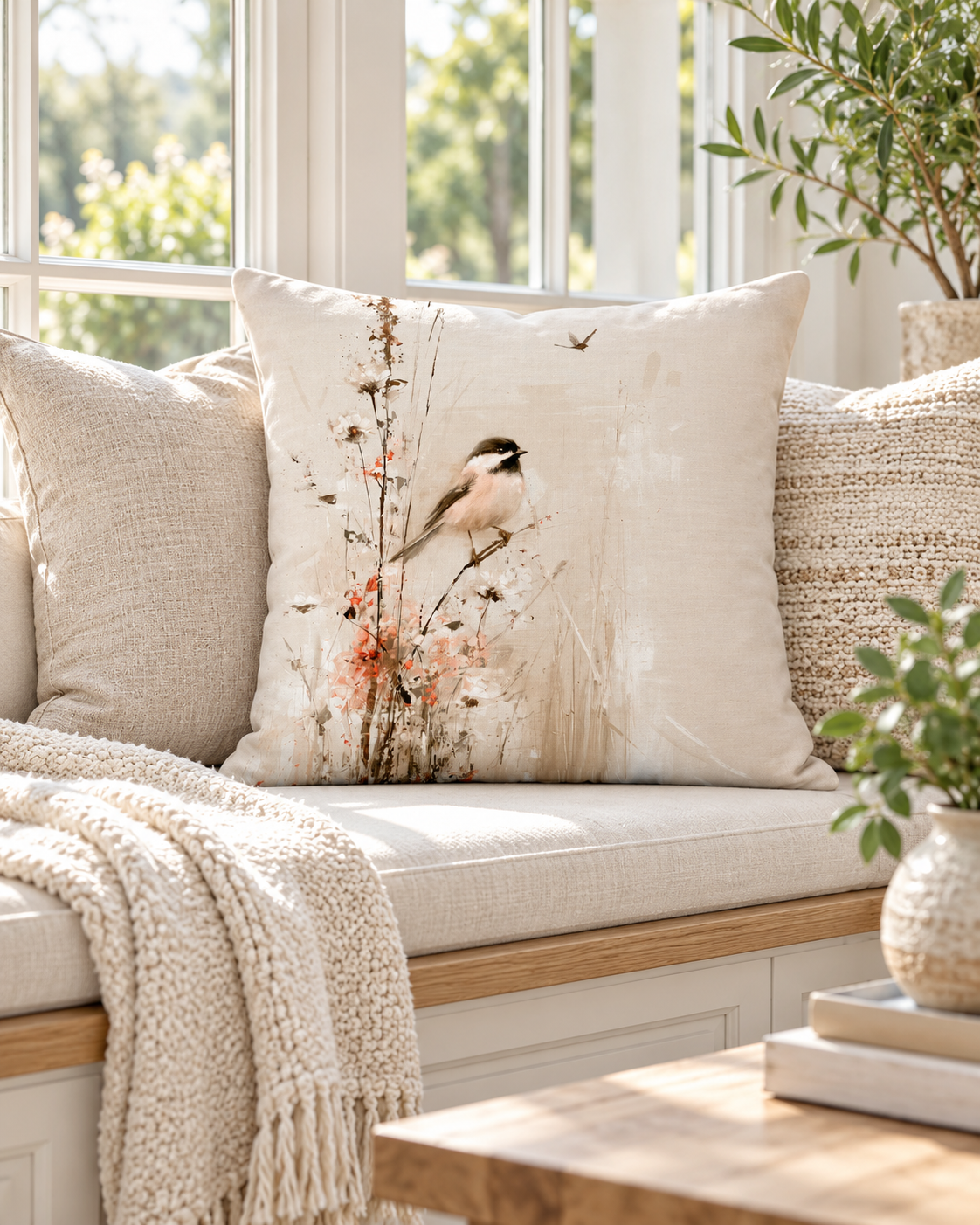 Chickadee & Wildflowers Premium Throw Pillow | Neutral Botanical Bird Decor