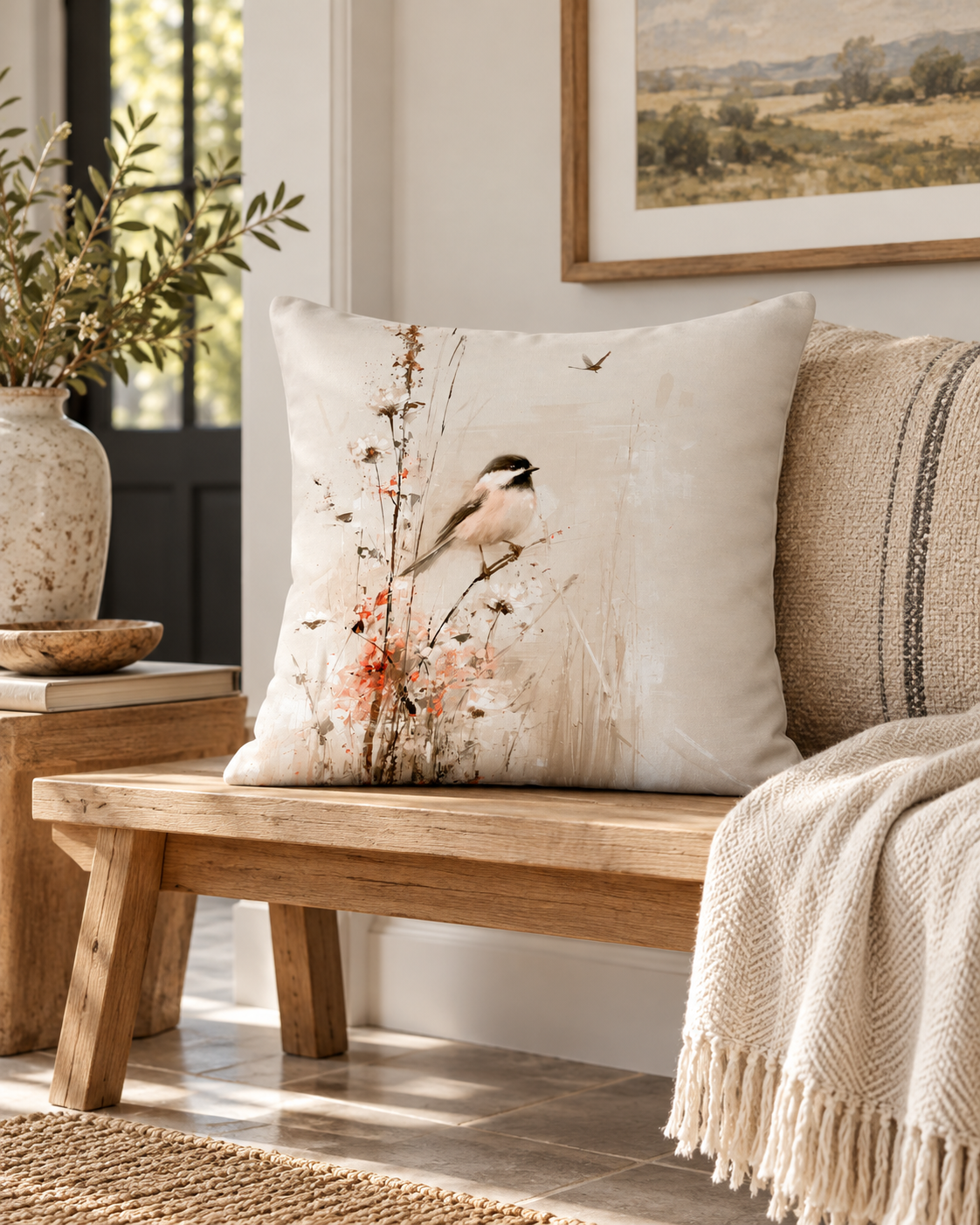 Chickadee & Wildflowers Premium Throw Pillow | Neutral Botanical Bird Decor