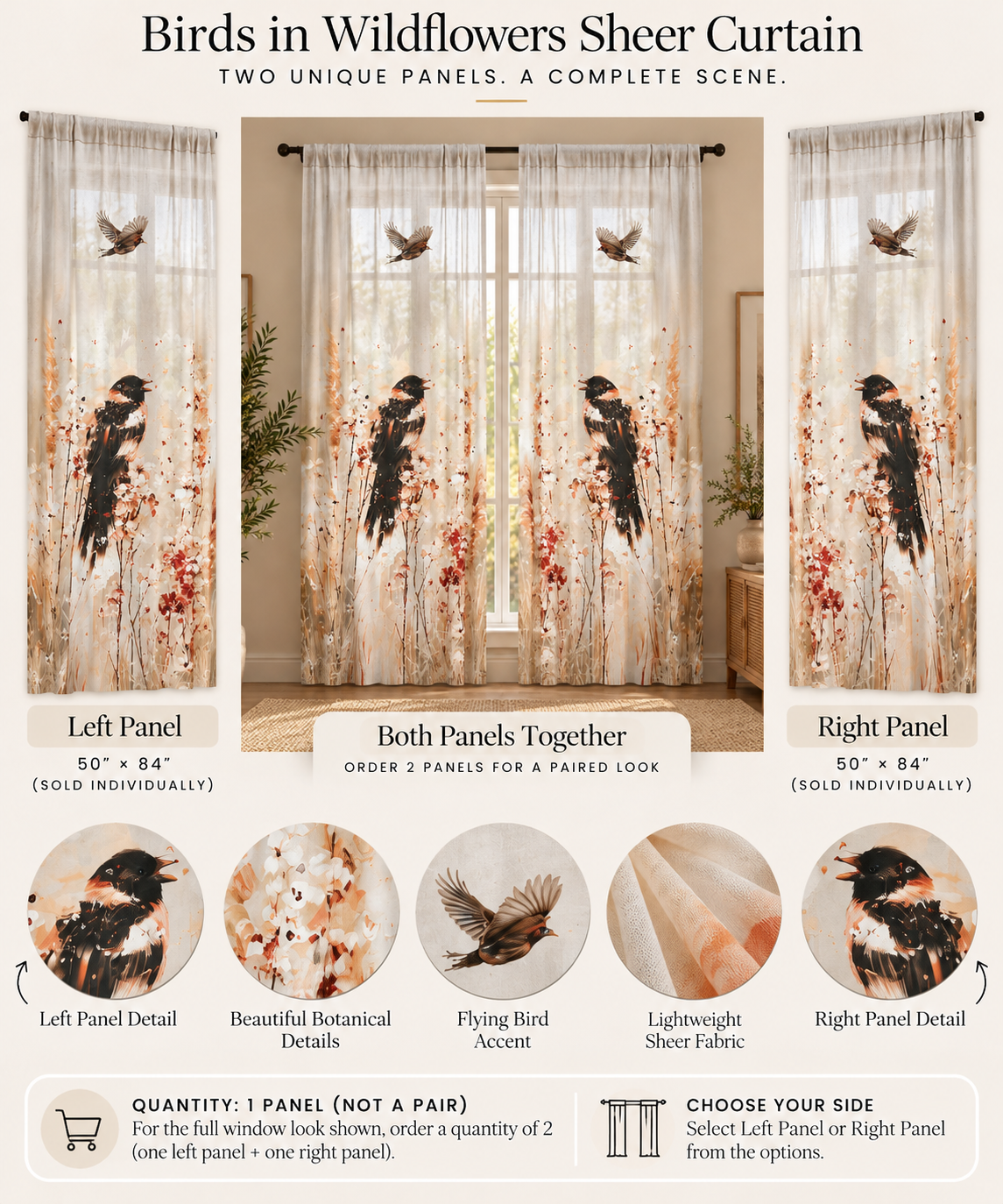 Birds in Wildflowers Sheer Curtain | Botanical Songbird Window Panel
