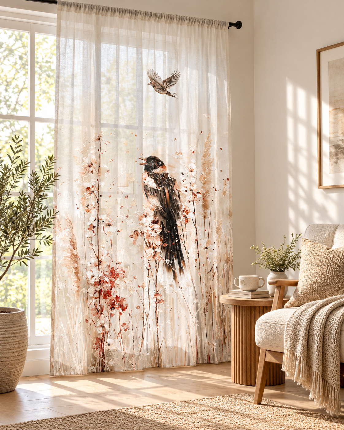 Birds in Wildflowers Sheer Curtain | Botanical Songbird Window Panel