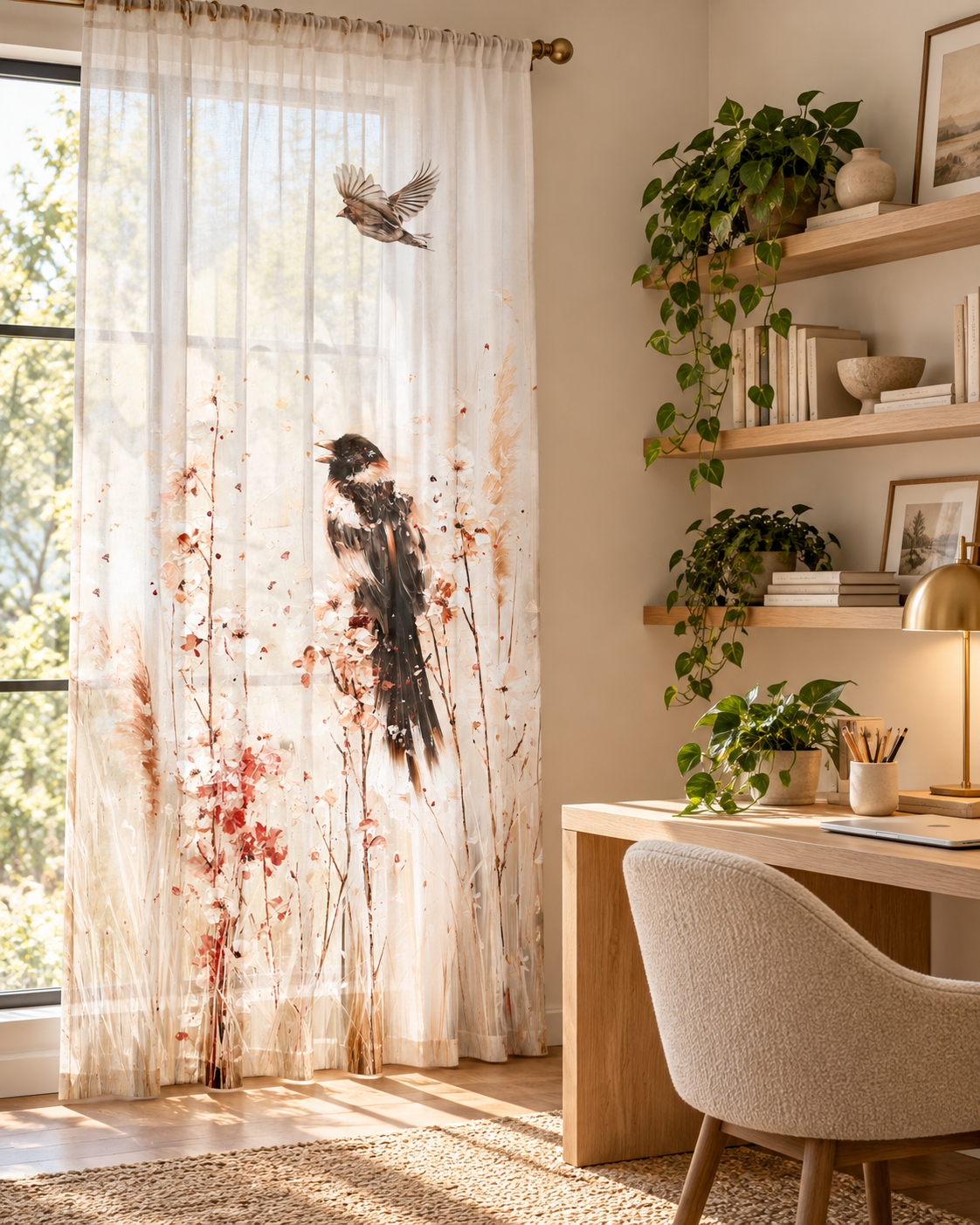 Birds in Wildflowers Sheer Curtain | Botanical Songbird Window Panel