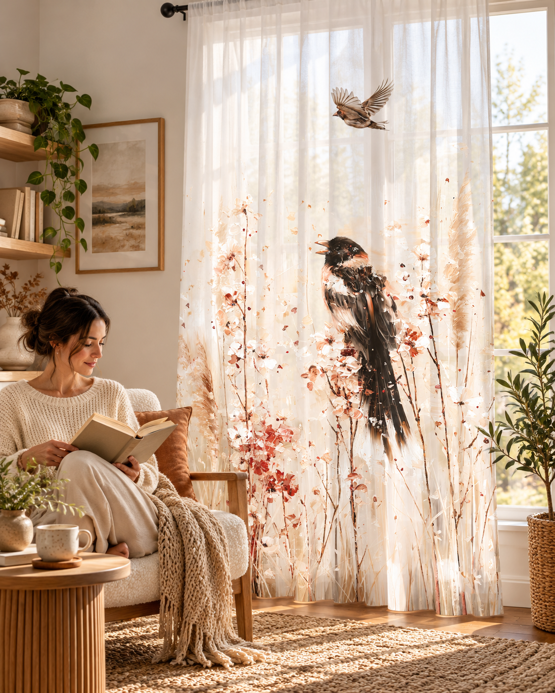 Birds in Wildflowers Sheer Curtain | Botanical Songbird Window Panel