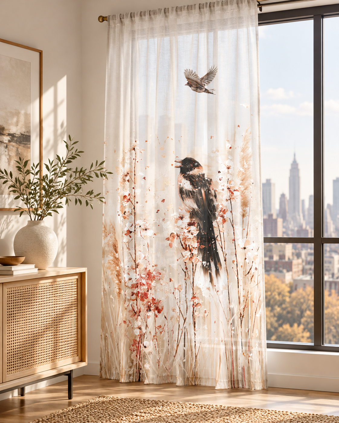 Birds in Wildflowers Sheer Curtain | Botanical Songbird Window Panel