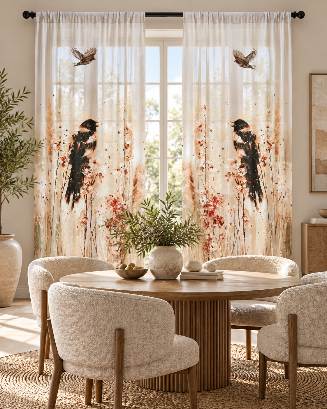 Birds in Wildflowers Sheer Curtain | Botanical Songbird Window Panel