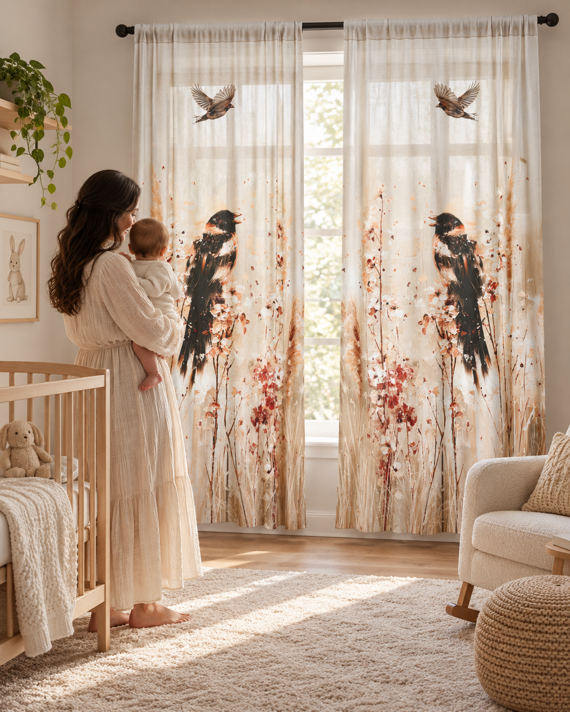 Birds in Wildflowers Sheer Curtain | Botanical Songbird Window Panel