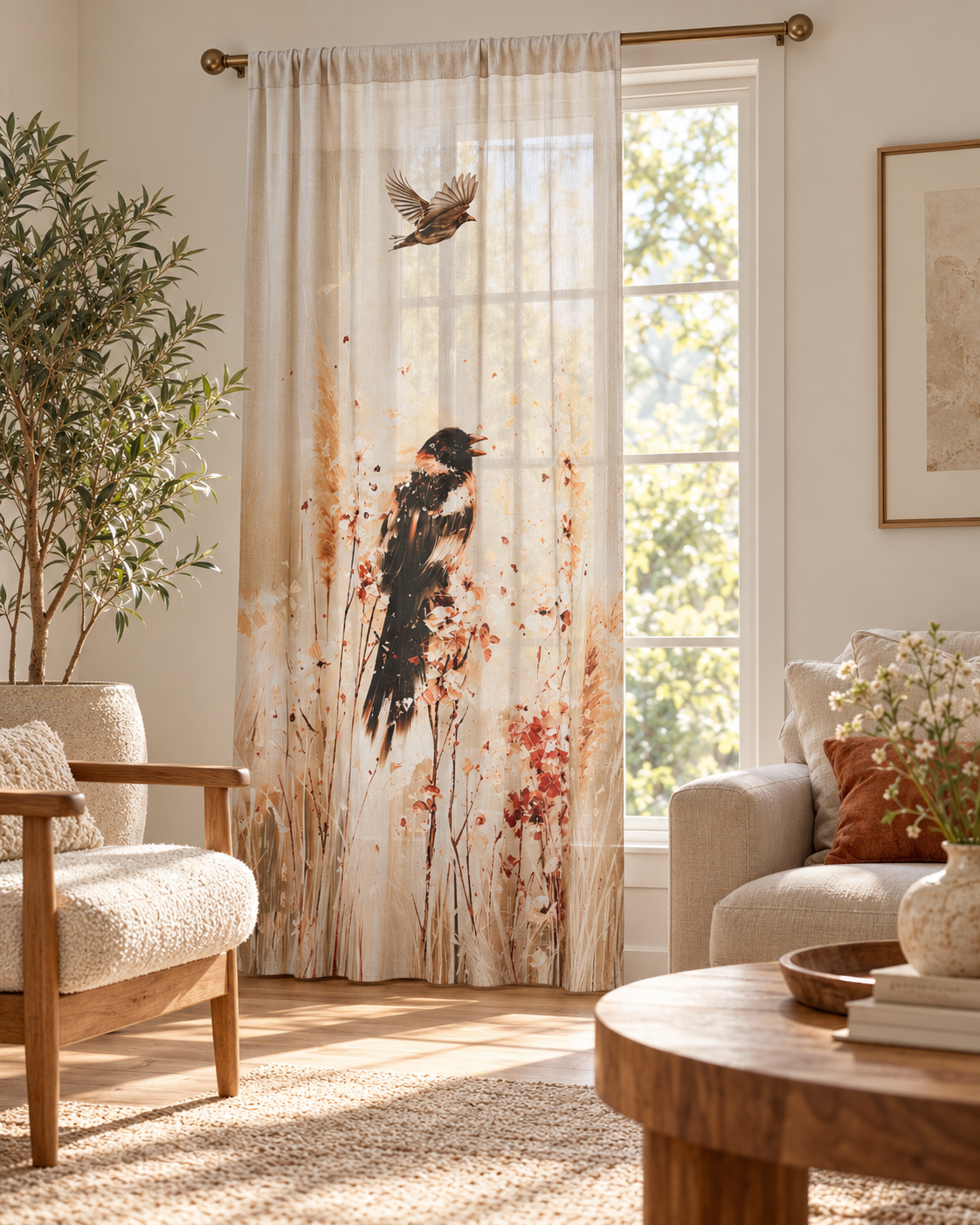 Birds in Wildflowers Sheer Curtain | Botanical Songbird Window Panel