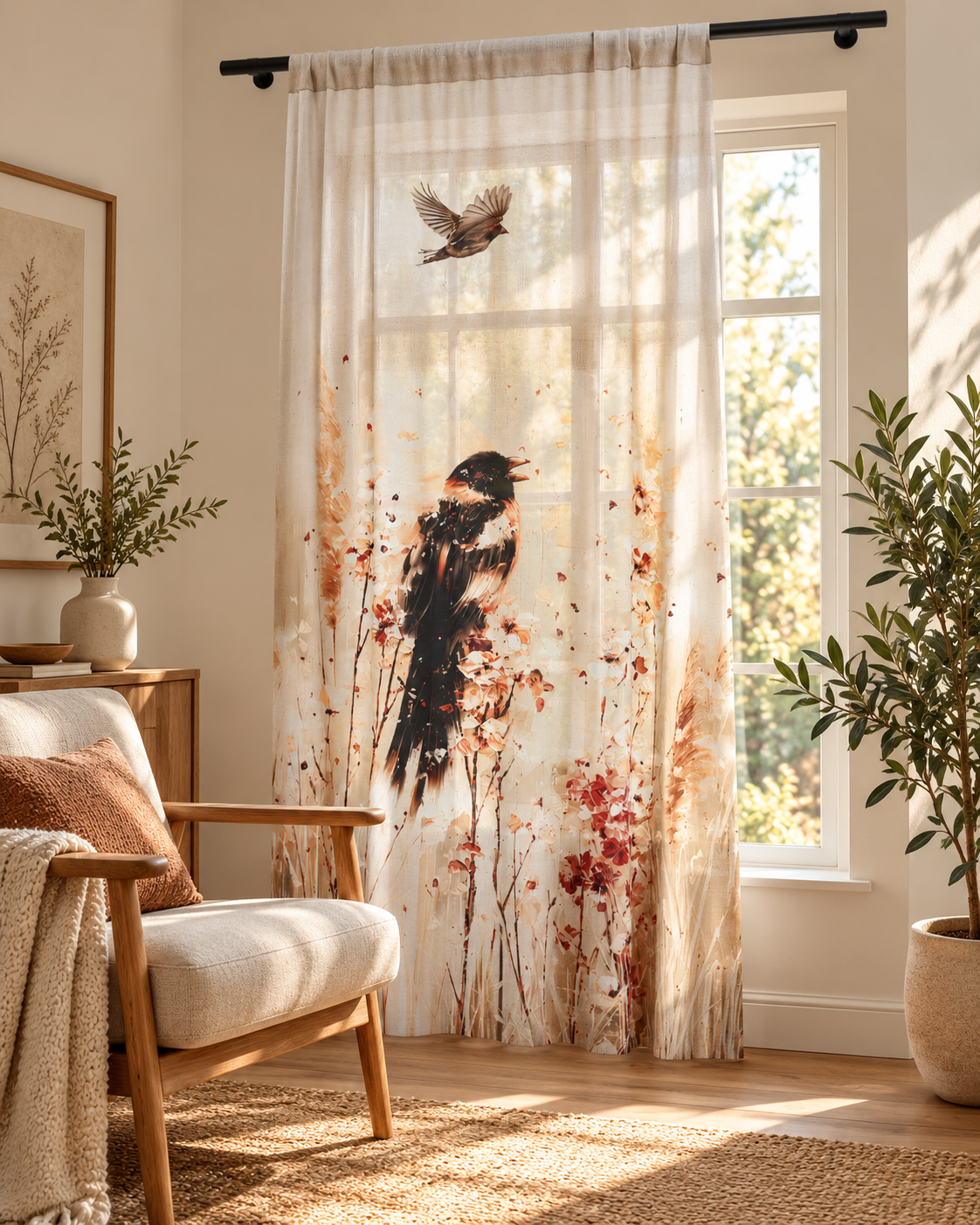 Birds in Wildflowers Sheer Curtain | Botanical Songbird Window Panel