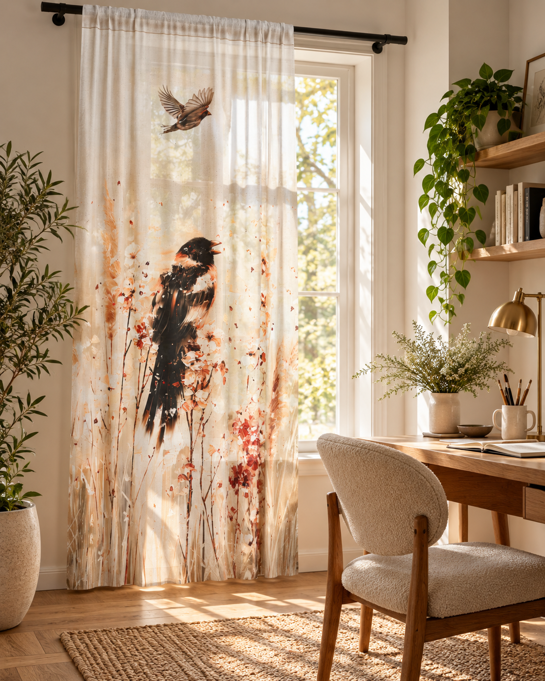 Birds in Wildflowers Sheer Curtain | Botanical Songbird Window Panel