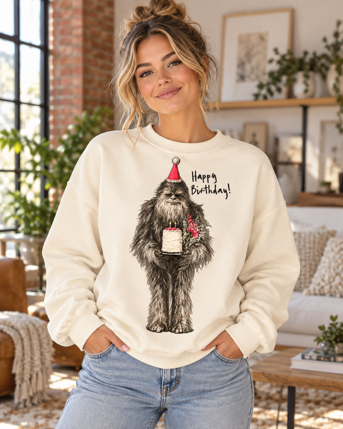 Birthday Bigfoot Sweatshirt — Funny Sasquatch with Cake