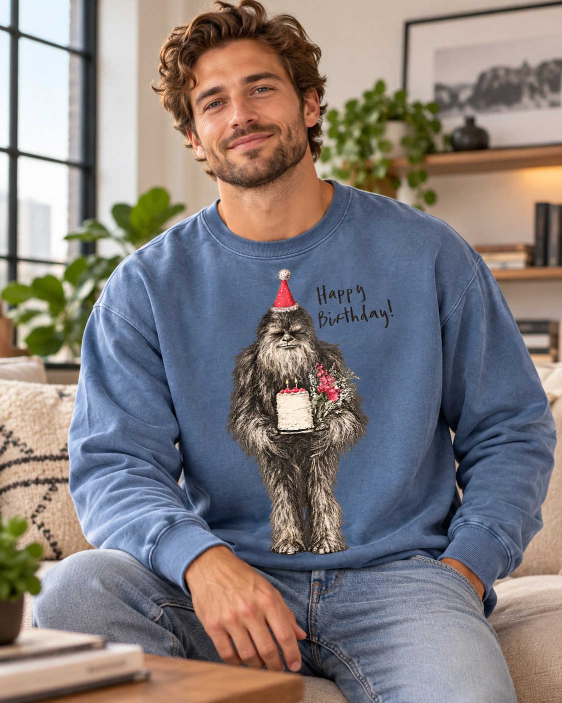 Birthday Bigfoot Sweatshirt — Funny Sasquatch with Cake