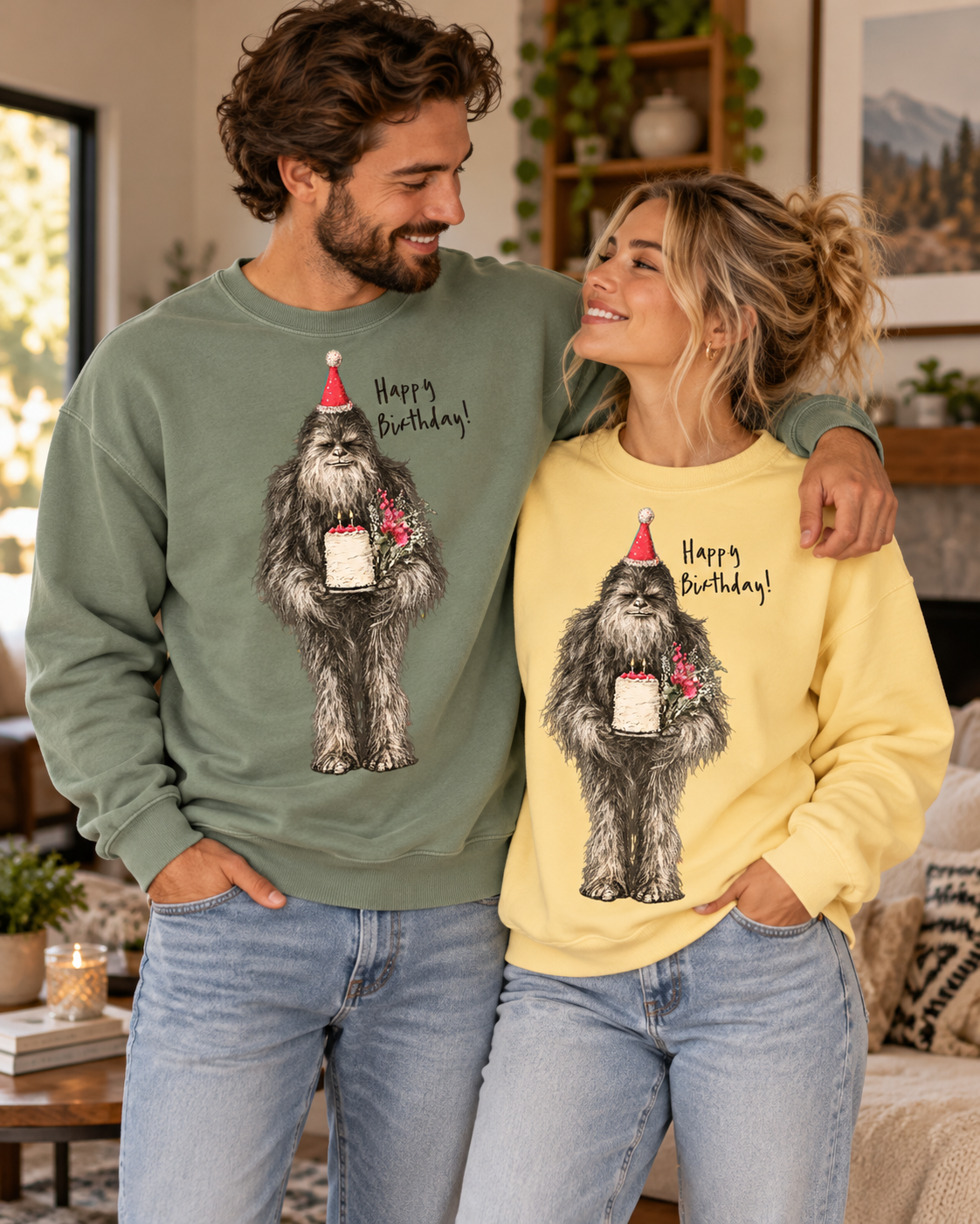Birthday Bigfoot Sweatshirt — Funny Sasquatch with Cake